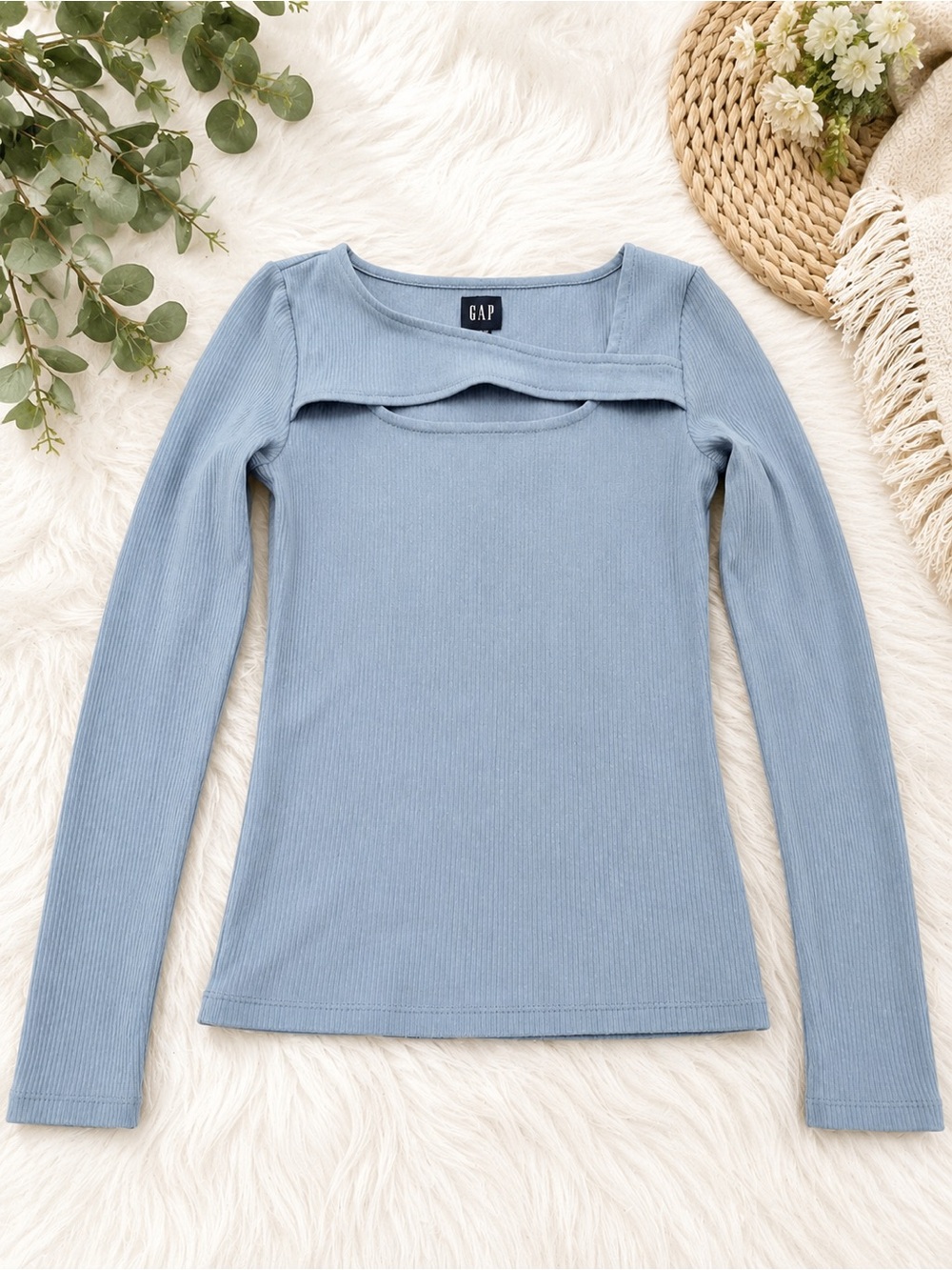 GAP XS Ribbed Keyhole Foldover Off Shoulder Top Light Blue